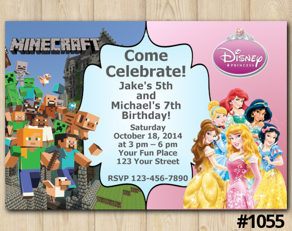 Twin Minecraft and Disney Princesses Invitation | Personalized Digital Card